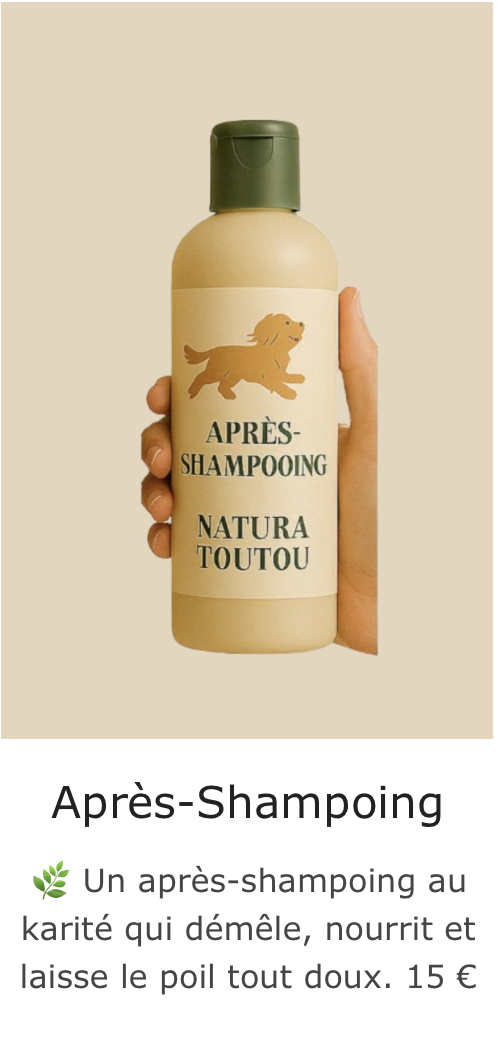 Après shampoing pour chien Produits bio et naturels pour chiens – utilisés au salon Natura Toutou à Lyon