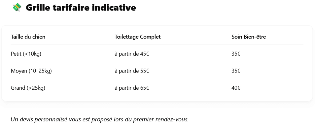 Grille tarifaire indicative Taille du chien Toilettage Complet Soin Bien-être Petit (25kg) à partir de 65€ 40€ Un devis personnalisé vous est proposé lors du premier rendez-vous.
