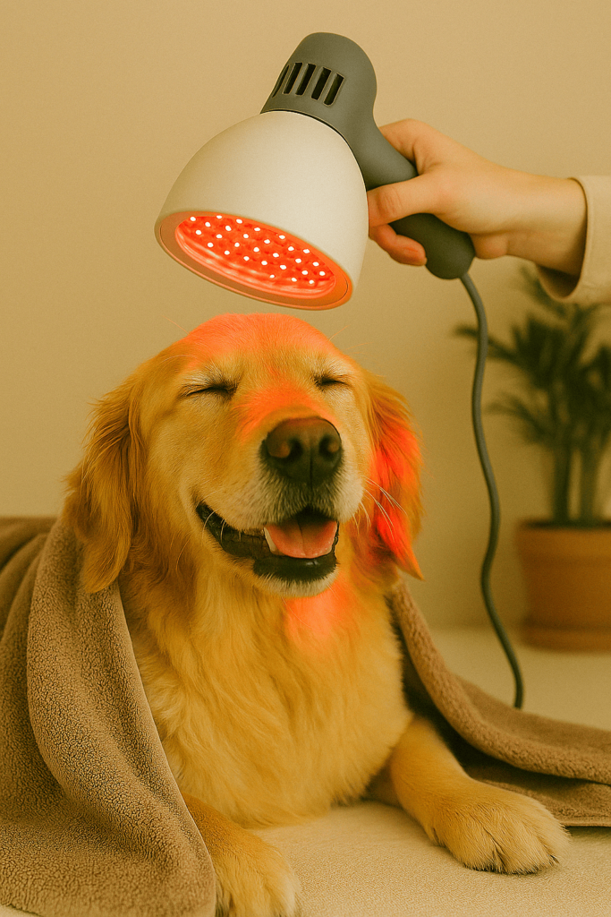 Chien brun prenant une luminothérapie.