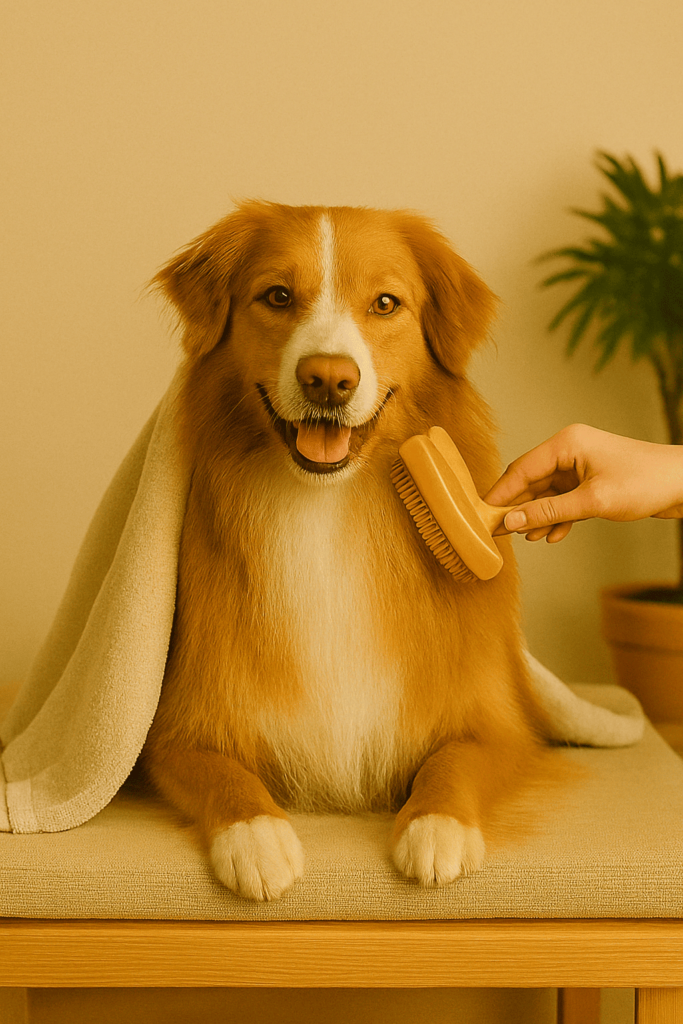 Chien brun en train de se faire brosser le poil.